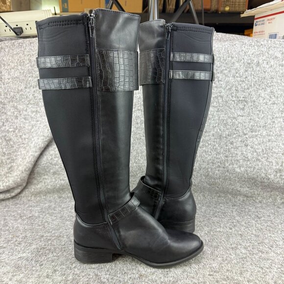 ✅Womens 9M Nicole Tess Black Knee-High Riding Boots Side-Zip Double Buckle Strap - Picture 10 of 13